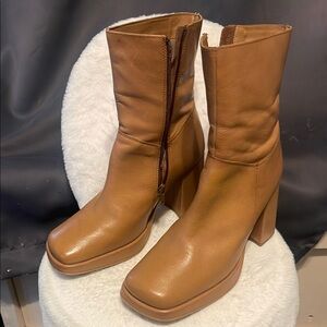 Diba Tan Heeled Boots with Chunky Block Heel